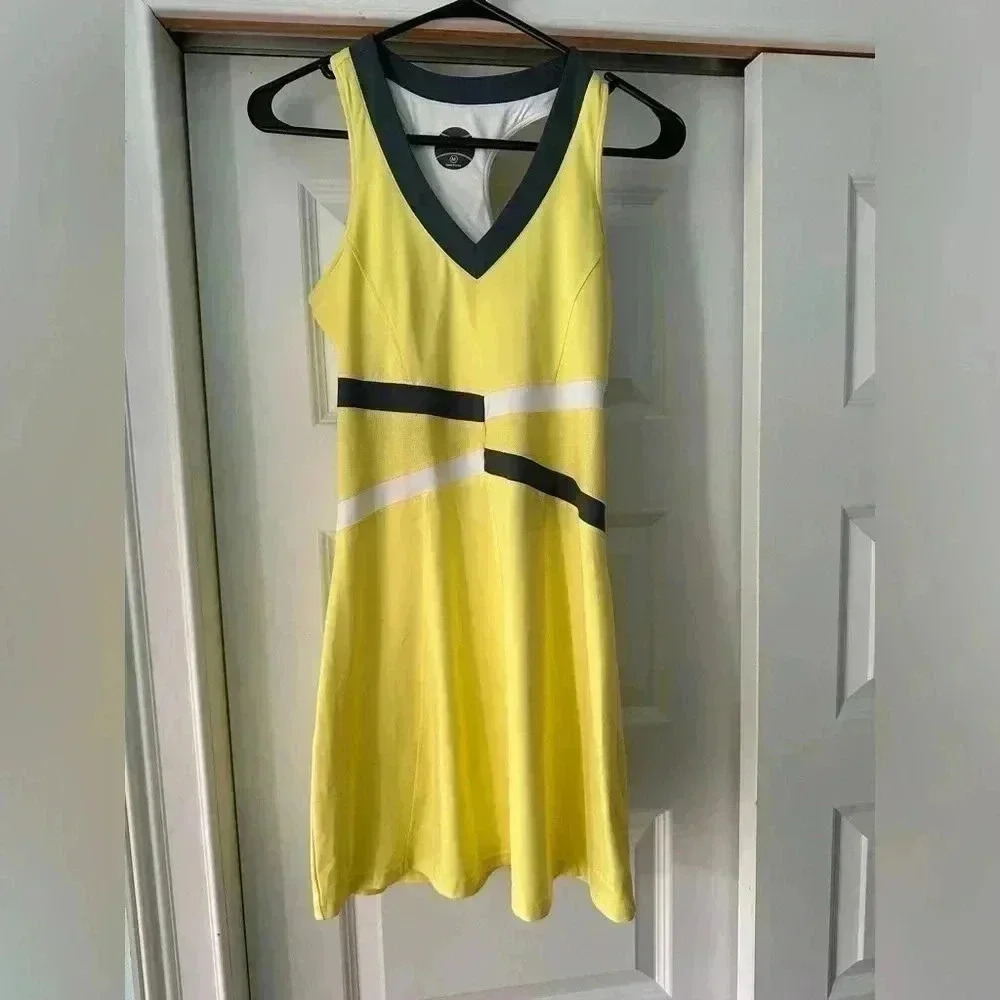 Bolle Tennis Dress Yellow Gray Racerback Shelf Bra Stretch FastDry Pickleball M